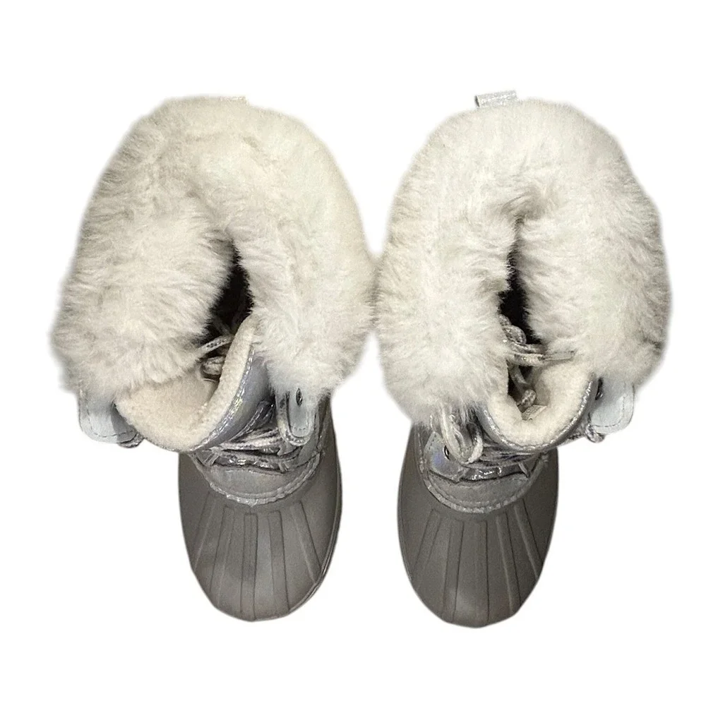 London Fog Bellcourt Kids Silver Iridescent Faux Fur Winter Duck Boots Size 3